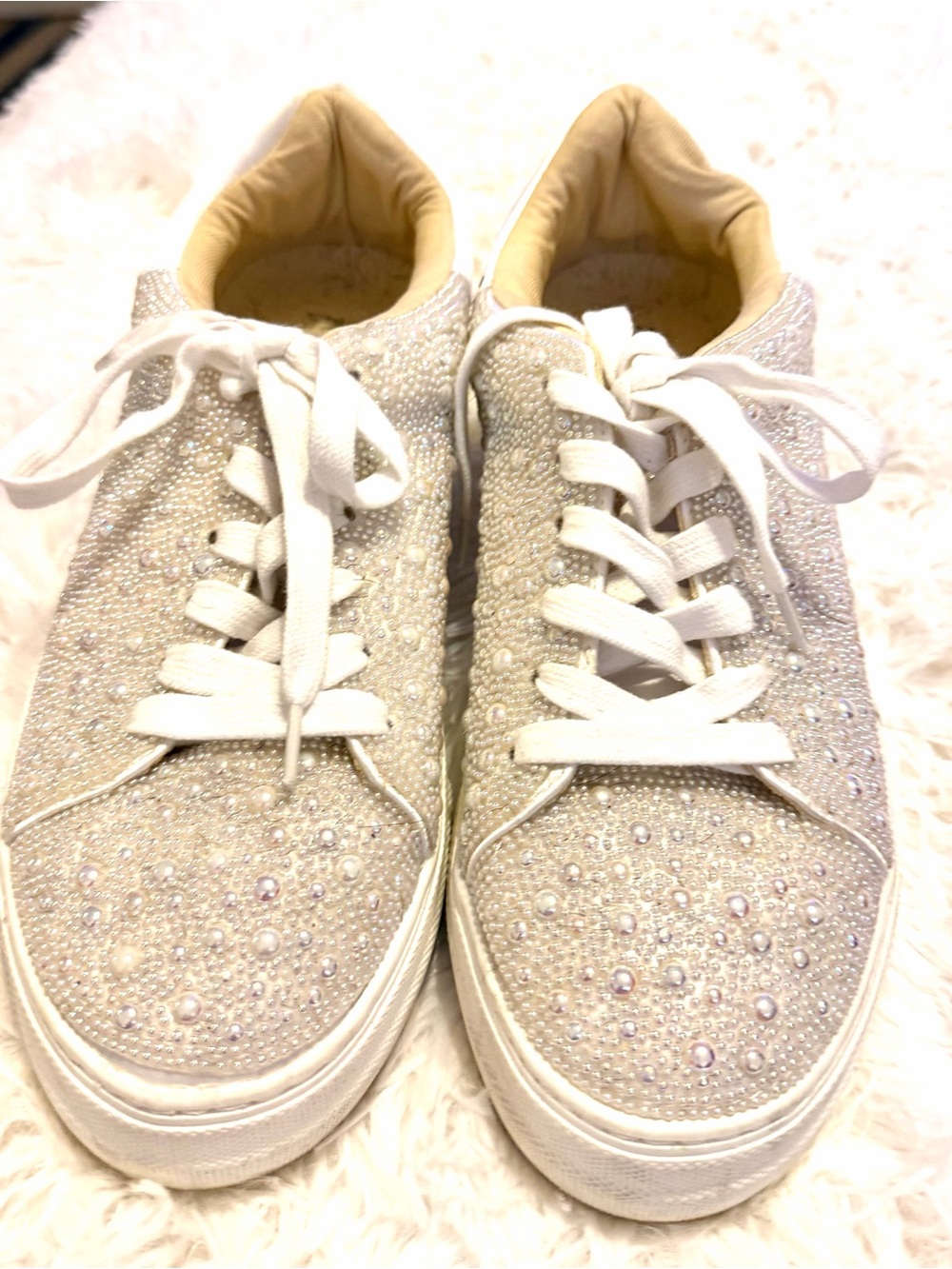 Betsey Johnson White Iridescent Pearl and Rhinestone Sneakers Bridal Size 8